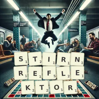 Kreative Illustration für ein Scrabble-Spiel, bei dem das Wort STIRNREFLEKTOR mit Steinen auf dem Brett gelegt wurde.