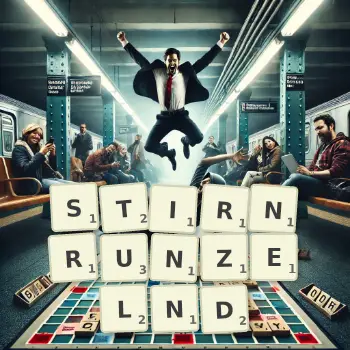 Kreative Illustration für ein Scrabble-Spiel, bei dem das Wort STIRNRUNZELND mit Steinen auf dem Brett gelegt wurde.