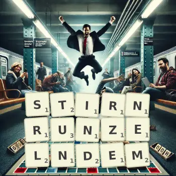 Kreative Illustration für ein Scrabble-Spiel, bei dem das Wort STIRNRUNZELNDEM mit Steinen auf dem Brett gelegt wurde.