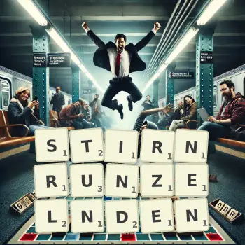 Kreative Illustration für ein Scrabble-Spiel, bei dem das Wort STIRNRUNZELNDEN mit Steinen auf dem Brett gelegt wurde.