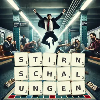 Kreative Illustration für ein Scrabble-Spiel, bei dem das Wort STIRNSCHALUNGEN mit Steinen auf dem Brett gelegt wurde.