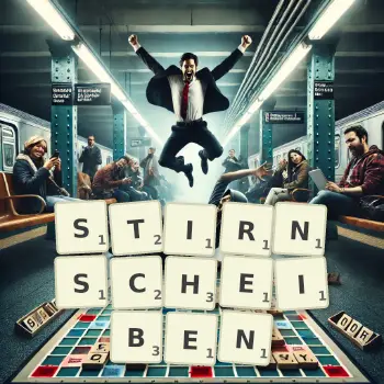 Kreative Illustration für ein Scrabble-Spiel, bei dem das Wort STIRNSCHEIBEN mit Steinen auf dem Brett gelegt wurde.
