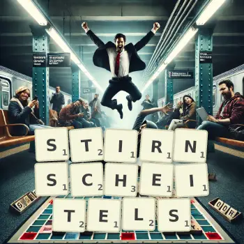 Kreative Illustration für ein Scrabble-Spiel, bei dem das Wort STIRNSCHEITELS mit Steinen auf dem Brett gelegt wurde.