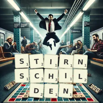 Kreative Illustration für ein Scrabble-Spiel, bei dem das Wort STIRNSCHILDEN mit Steinen auf dem Brett gelegt wurde.
