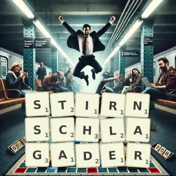 Kreative Illustration für ein Scrabble-Spiel, bei dem das Wort STIRNSCHLAGADER mit Steinen auf dem Brett gelegt wurde.