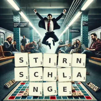 Kreative Illustration für ein Scrabble-Spiel, bei dem das Wort STIRNSCHLANGE mit Steinen auf dem Brett gelegt wurde.
