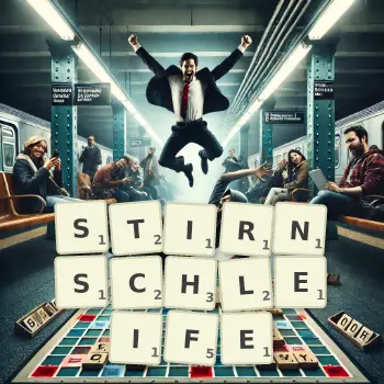 Kreative Illustration für ein Scrabble-Spiel, bei dem das Wort STIRNSCHLEIFE mit Steinen auf dem Brett gelegt wurde.