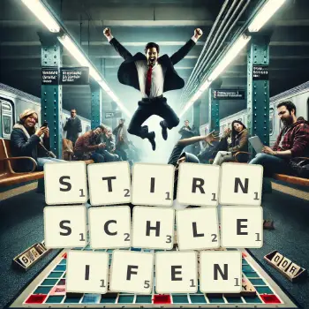 Kreative Illustration für ein Scrabble-Spiel, bei dem das Wort STIRNSCHLEIFEN mit Steinen auf dem Brett gelegt wurde.