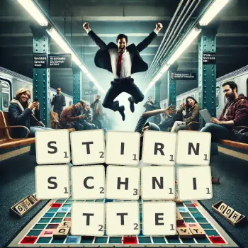 Kreative Illustration für ein Scrabble-Spiel, bei dem das Wort STIRNSCHNITTE mit Steinen auf dem Brett gelegt wurde.