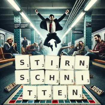 Kreative Illustration für ein Scrabble-Spiel, bei dem das Wort STIRNSCHNITTEN mit Steinen auf dem Brett gelegt wurde.