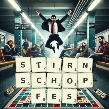 Kreative Illustration für ein Scrabble-Spiel, bei dem das Wort STIRNSCHOPFES mit Steinen auf dem Brett gelegt wurde.