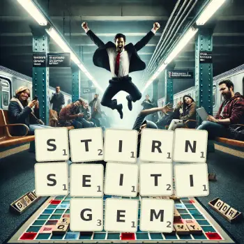 Kreative Illustration für ein Scrabble-Spiel, bei dem das Wort STIRNSEITIGEM mit Steinen auf dem Brett gelegt wurde.