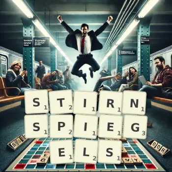 Kreative Illustration für ein Scrabble-Spiel, bei dem das Wort STIRNSPIEGELS mit Steinen auf dem Brett gelegt wurde.