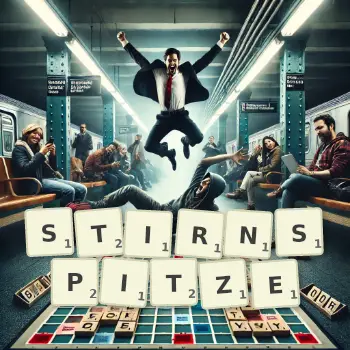 Kreative Illustration für ein Scrabble-Spiel, bei dem das Wort STIRNSPITZE mit Steinen auf dem Brett gelegt wurde.