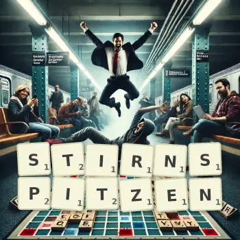 Kreative Illustration für ein Scrabble-Spiel, bei dem das Wort STIRNSPITZEN mit Steinen auf dem Brett gelegt wurde.