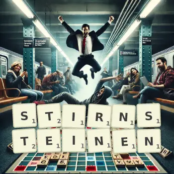 Kreative Illustration für ein Scrabble-Spiel, bei dem das Wort STIRNSTEINEN mit Steinen auf dem Brett gelegt wurde.