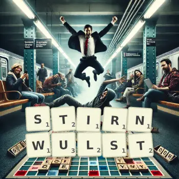 Kreative Illustration für ein Scrabble-Spiel, bei dem das Wort STIRNWULST mit Steinen auf dem Brett gelegt wurde.