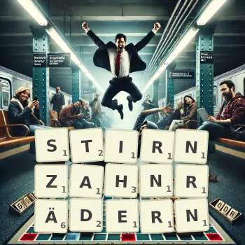 Kreative Illustration für ein Scrabble-Spiel, bei dem das Wort STIRNZAHNRÄDERN mit Steinen auf dem Brett gelegt wurde.