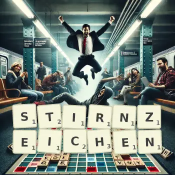 Kreative Illustration für ein Scrabble-Spiel, bei dem das Wort STIRNZEICHEN mit Steinen auf dem Brett gelegt wurde.