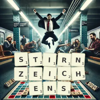 Kreative Illustration für ein Scrabble-Spiel, bei dem das Wort STIRNZEICHENS mit Steinen auf dem Brett gelegt wurde.