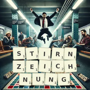 Kreative Illustration für ein Scrabble-Spiel, bei dem das Wort STIRNZEICHNUNG mit Steinen auf dem Brett gelegt wurde.