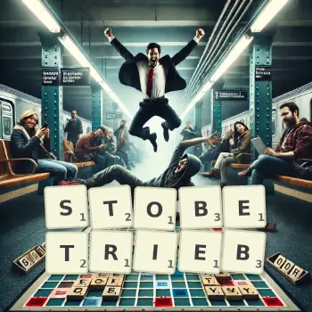 Kreative Illustration für ein Scrabble-Spiel, bei dem das Wort STOBETRIEB mit Steinen auf dem Brett gelegt wurde.