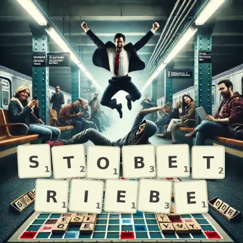 Kreative Illustration für ein Scrabble-Spiel, bei dem das Wort STOBETRIEBE mit Steinen auf dem Brett gelegt wurde.
