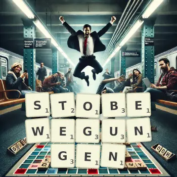 Kreative Illustration für ein Scrabble-Spiel, bei dem das Wort STOBEWEGUNGEN mit Steinen auf dem Brett gelegt wurde.