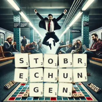 Kreative Illustration für ein Scrabble-Spiel, bei dem das Wort STOBRECHUNGEN mit Steinen auf dem Brett gelegt wurde.
