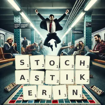 Kreative Illustration für ein Scrabble-Spiel, bei dem das Wort STOCHASTIKERIN mit Steinen auf dem Brett gelegt wurde.
