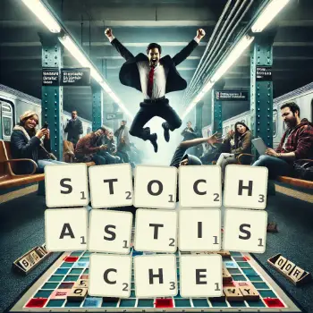 Kreative Illustration für ein Scrabble-Spiel, bei dem das Wort STOCHASTISCHE mit Steinen auf dem Brett gelegt wurde.