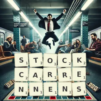 Kreative Illustration für ein Scrabble-Spiel, bei dem das Wort STOCKCARRENNENS mit Steinen auf dem Brett gelegt wurde.