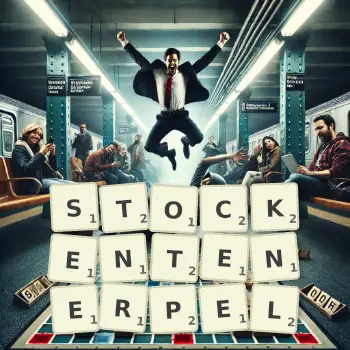 Kreative Illustration für ein Scrabble-Spiel, bei dem das Wort STOCKENTENERPEL mit Steinen auf dem Brett gelegt wurde.