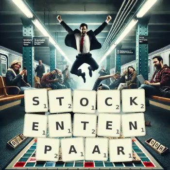 Kreative Illustration für ein Scrabble-Spiel, bei dem das Wort STOCKENTENPAAR mit Steinen auf dem Brett gelegt wurde.