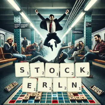 Kreative Illustration für ein Scrabble-Spiel, bei dem das Wort STOCKERLN mit Steinen auf dem Brett gelegt wurde.