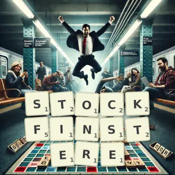 Kreative Illustration für ein Scrabble-Spiel, bei dem das Wort STOCKFINSTERE mit Steinen auf dem Brett gelegt wurde.