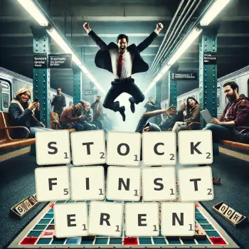 Kreative Illustration für ein Scrabble-Spiel, bei dem das Wort STOCKFINSTEREN mit Steinen auf dem Brett gelegt wurde.