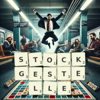 Kreative Illustration für ein Scrabble-Spiel, bei dem das Wort STOCKGESTELLE mit Steinen auf dem Brett gelegt wurde.