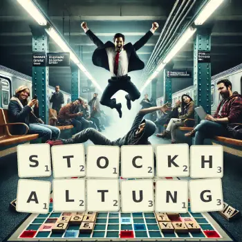Kreative Illustration für ein Scrabble-Spiel, bei dem das Wort STOCKHALTUNG mit Steinen auf dem Brett gelegt wurde.