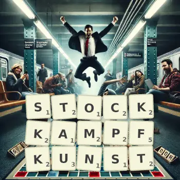 Kreative Illustration für ein Scrabble-Spiel, bei dem das Wort STOCKKAMPFKUNST mit Steinen auf dem Brett gelegt wurde.