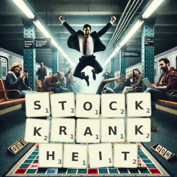 Kreative Illustration für ein Scrabble-Spiel, bei dem das Wort STOCKKRANKHEIT mit Steinen auf dem Brett gelegt wurde.