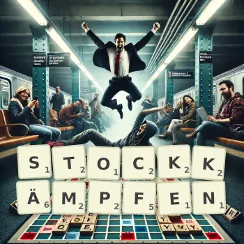 Kreative Illustration für ein Scrabble-Spiel, bei dem das Wort STOCKKÄMPFEN mit Steinen auf dem Brett gelegt wurde.
