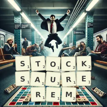 Kreative Illustration für ein Scrabble-Spiel, bei dem das Wort STOCKSAUREREM mit Steinen auf dem Brett gelegt wurde.