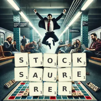 Kreative Illustration für ein Scrabble-Spiel, bei dem das Wort STOCKSAURERER mit Steinen auf dem Brett gelegt wurde.