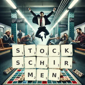 Kreative Illustration für ein Scrabble-Spiel, bei dem das Wort STOCKSCHIRMEN mit Steinen auf dem Brett gelegt wurde.