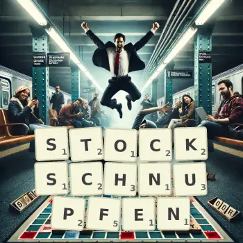 Kreative Illustration für ein Scrabble-Spiel, bei dem das Wort STOCKSCHNUPFEN mit Steinen auf dem Brett gelegt wurde.