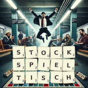 Kreative Illustration für ein Scrabble-Spiel, bei dem das Wort STOCKSPIELTISCH mit Steinen auf dem Brett gelegt wurde.