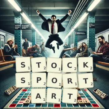 Kreative Illustration für ein Scrabble-Spiel, bei dem das Wort STOCKSPORTART mit Steinen auf dem Brett gelegt wurde.