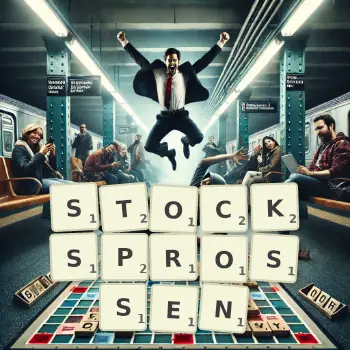 Kreative Illustration für ein Scrabble-Spiel, bei dem das Wort STOCKSPROSSEN mit Steinen auf dem Brett gelegt wurde.