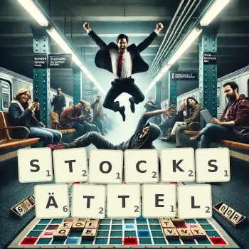 Kreative Illustration für ein Scrabble-Spiel, bei dem das Wort STOCKSÄTTEL mit Steinen auf dem Brett gelegt wurde.